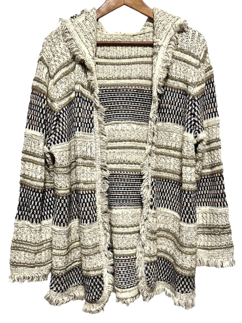 Chunky Hooded Fringe Cardigan Boho Cabin Folk Textured Knit Sweater Fall M